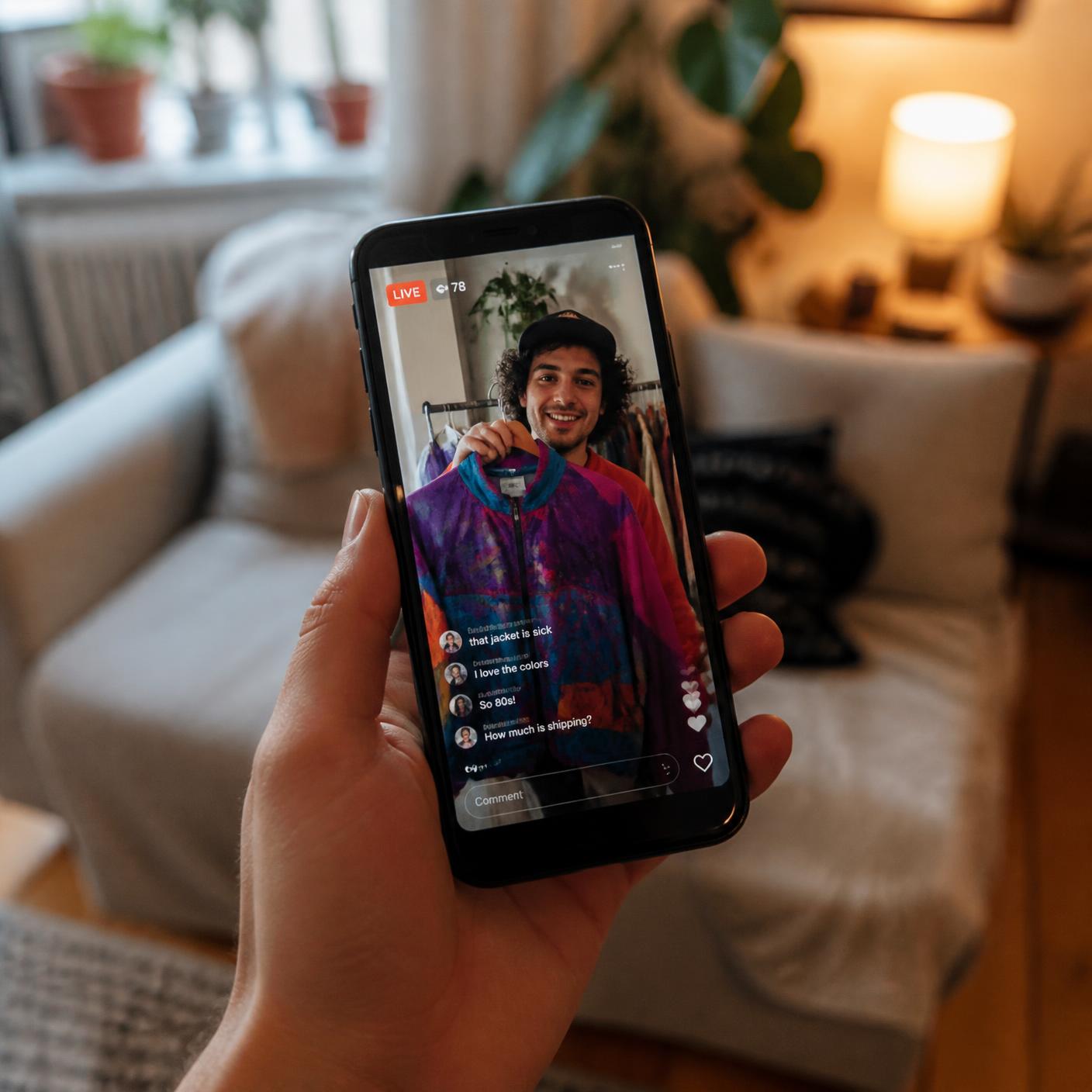 A hand holding a phone in a warmly lit living room, watching a seller hold up a colourful vintage jacket on a live broadcast