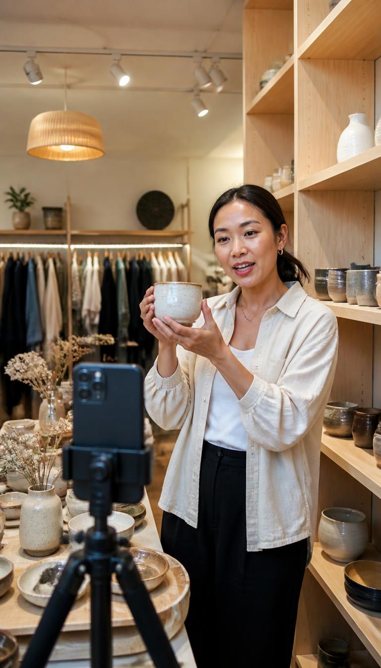 A boutique owner presenting a ceramic bowl to a phone camera inside her shop