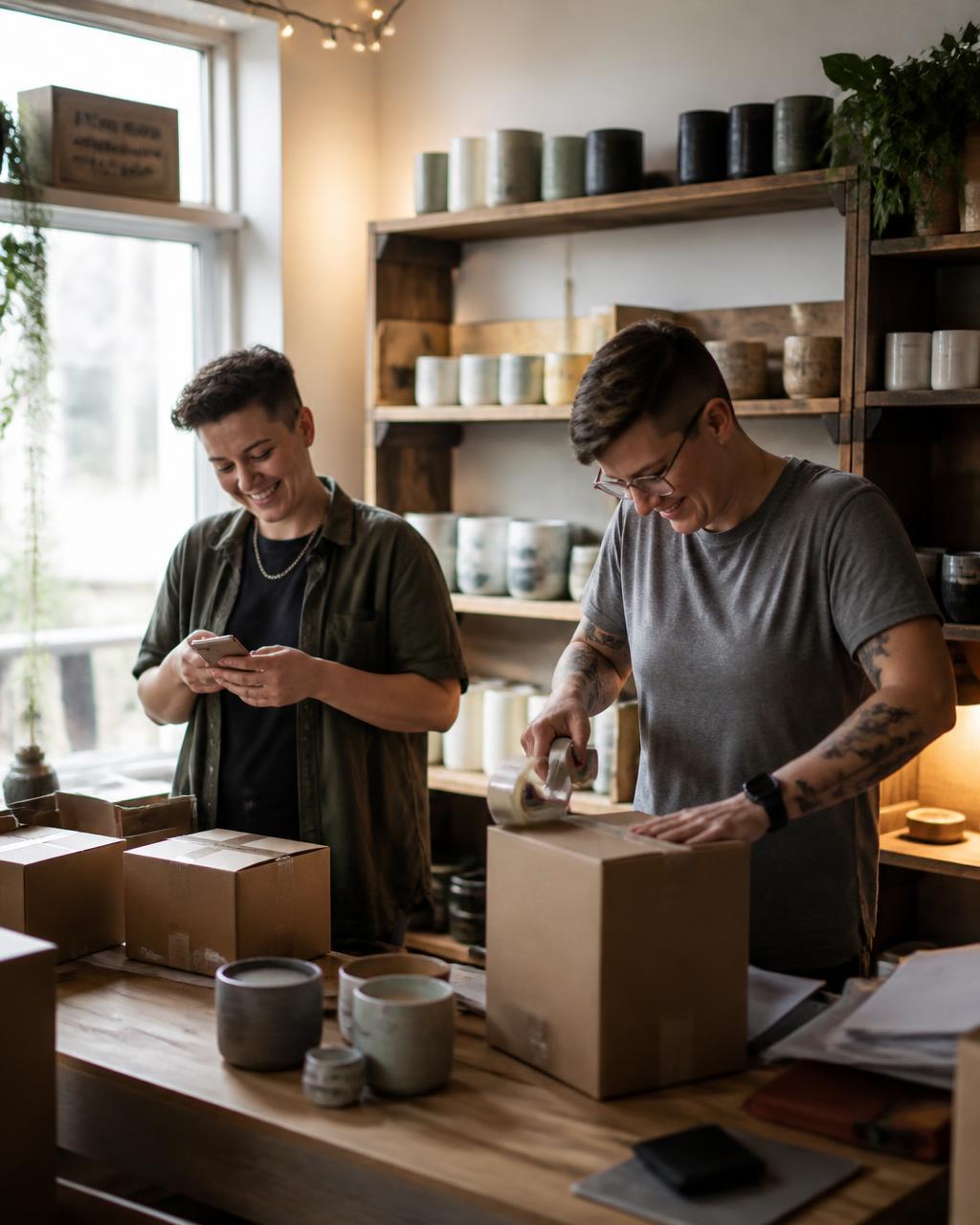 Two business partners packing customer orders into boxes in their home studio